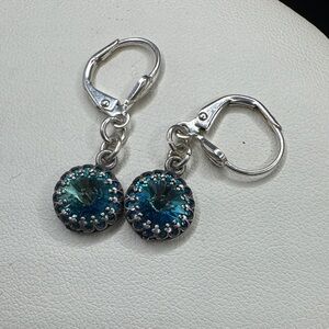 Estate Silver Drop Earrings with Teal-Blue Crystals